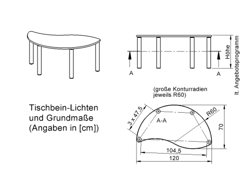 Tisch ZALOTTI mit Schichtstoff-Belag Halbrund-Wellentisch, B/H/T: 120x25x60 cm, Massivholzbeine Ø 60 mm, Fußvariante: Stellfuß