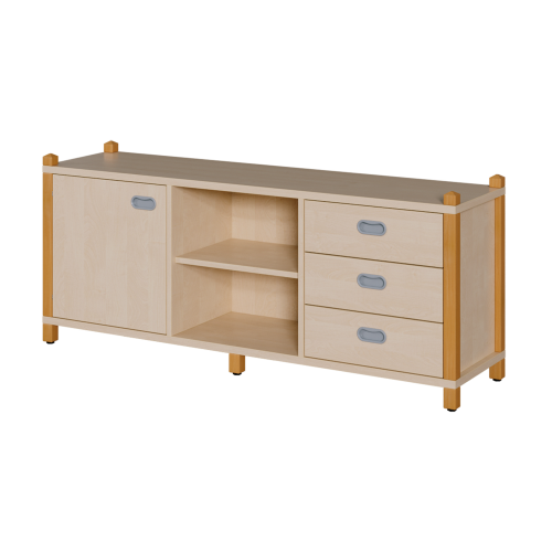 Stollen-Raumteilerschrank, dreireihig B/H/T: 156x60x40 cm, mit 2 Mittelwänden, Ausstattung (v.l.n.r.): Tür - Regal - 3 Schübe; im Tür- und Regalsegment je 1 Einlegeboden