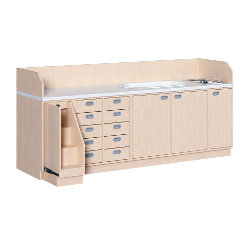 Wickelkommode, dreireihig zuzüglich Badewanne und Waschbecken B/H/T: 249x113x71,5 cm, Ausziehbarer Aufstieg links, 10 Schübe und Badewanne, Waschbecken rechts