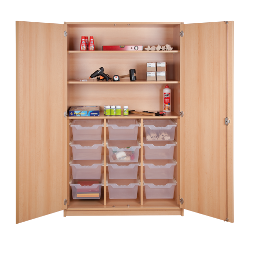 Werkschrank mit ErgoTray-Boxen und 2 Einlegeböden B/H/T: 110x180x50 cm, Ausstattung mit 12 hohen ErgoTray-Boxen und 2 durchgehenden großen Einlegeböden