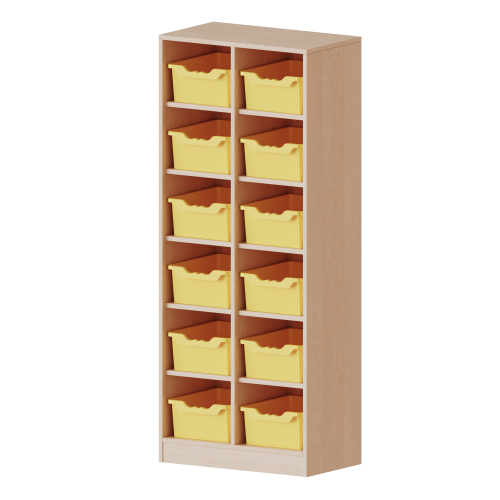 Taschenregal, 4,5 Ordnerhöhen - Serie evo180 B/H/T: 70,3x172x40 cm, 12 halbhohe Fächer, je mit einer hohen ErgoTray Box, mit Sockel (81 mm)