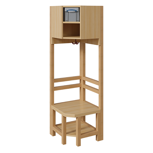 Garderoben-Innenecke, für doppelte Ablage inklusive Box B/H/T: 47x158x47 cm, Sitzhöhe: 26 cm, offene Stützenrahmen über Eck in Buche-massiv, Schuhablage