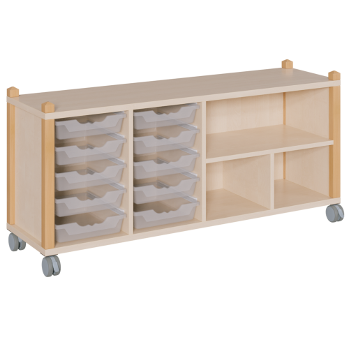 fahrbares Regal in Stollenbauweise B/H/T: 143,3x62,5x40 cm, in 4 Reihen 10 flache ErgoTray-Boxen und 4 Fächer