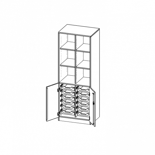 ErgoTray Kombi-Schrank, zweireihig, 5 Ordnerhöhen - evo180 Serie B/H/T: 70,3x190x50 cm, unten 2 OH Türen, Sockel und 12 flache ErgoTray Boxen, oben 3 OH Regal, mit Mittelwand