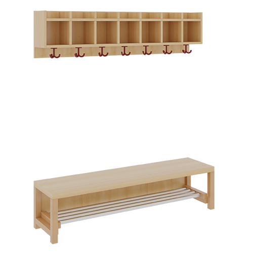 Komplettgarderobe mit einfacher Ablagereihe B/T: 140x35 cm, 7 Plätze, Sitzhöhe: 42 cm, 2teilig ohne Stütze, Ablage zur Wandmontage, mit Schuhrost aus Aluminiumrohren