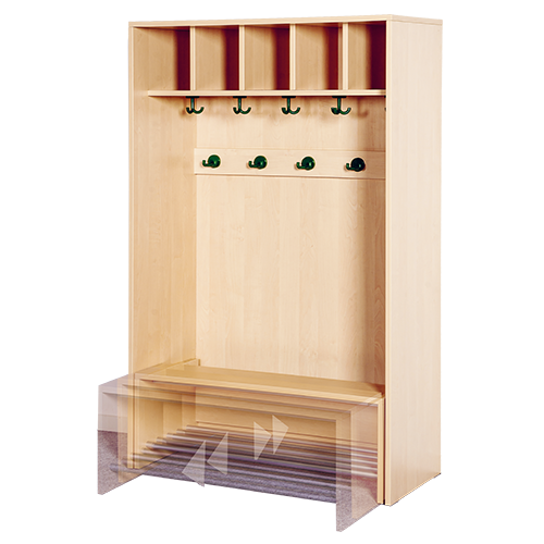 Korpus-Garderobe mit einschiebbarer Bank B/H/T: 100x158x46 cm, 5 Plätze, Bank mit Schuhrost, je Platz mit 3fach- und 2fach-Haken