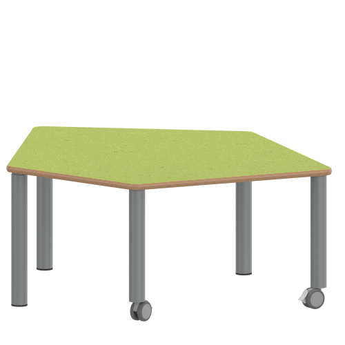 Tisch ZALOTTI mit Linoleum-Belag Fünfecktisch-klein, B/H/T: 121x25x110 cm, Stahlrohrbeine Ø 60 mm, Fußvariante: fahrbar, Tischbeine mit RAL-Farbe 9006 (weißaluminium)