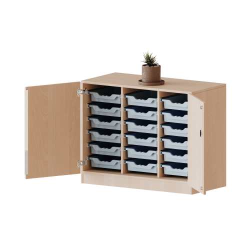 ErgoTray Schrank, dreireihig, 2 Ordnerhöhen - evo180 Serie B/H/T: 104,5x82x50 cm, zweitürig, mit Möbelstellfüßen, mit 18 flachen ErgoTray Boxen