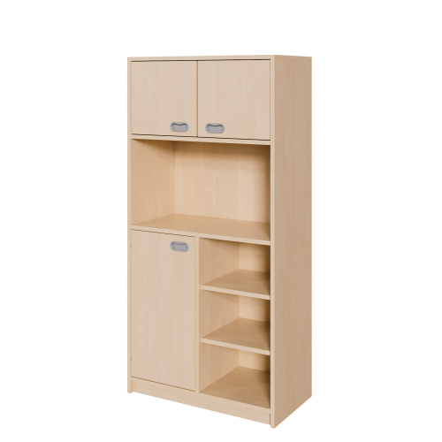 Korpus-Schrank, unten Tür und Regal, oben Doppeltüren B/H/T: 78x180x40 cm, unten links Tür, rechts Regal unten insgesamt 6 Fächer, Mitte offenes Fach, oben Doppeltür mit 2 Fächern