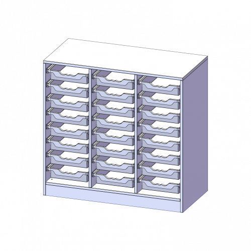 ErgoTray Regal, dreireihig, 2,5 Ordnerhöhen - evo180 Serie B/H/T: 104,5x100x50 cm, mit Sockel (81 mm), 24 flache ErgoTray Boxen