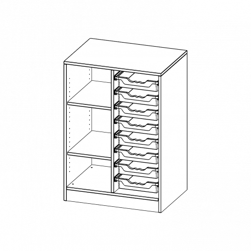 ErgoTray Regal, zweireihig, 2,5 Ordnerhöhen - evo180 Serie B/H/T: 70,3x100x50 cm, mit Sockel (81 mm), links 3 Fächer, rechts 8 flache ErgoTray Boxen