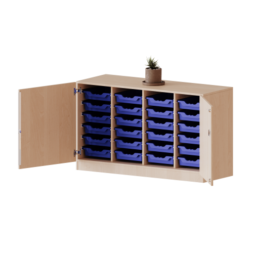 ErgoTray Schrank, vierreihig, 2 Ordnerhöhen - evo180 Serie B/H/T: 138,7x82x50 cm, zweitürig, mit Möbelstellfüßen, mit 24 flachen ErgoTray Boxen