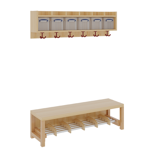 Komplettgarderobe mit einfacher Ablage inklusive Boxen B/T: 120x35 cm, 6 Plätze, Sitzhöhe 42 cm, 2teilig ohne Stütze, Ablage zur Wandmontage, Alurohr-Schuhrost mit Trennungen