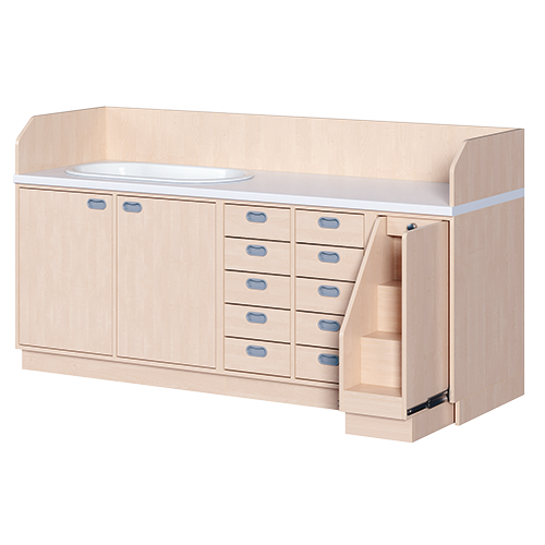 Wickelkommode, dreireihig zuzüglich Badewanne B/H/T: 213x113x71,5 cm, Ausziehbarer Aufstieg rechts, 10 Schübe und Badewanne links