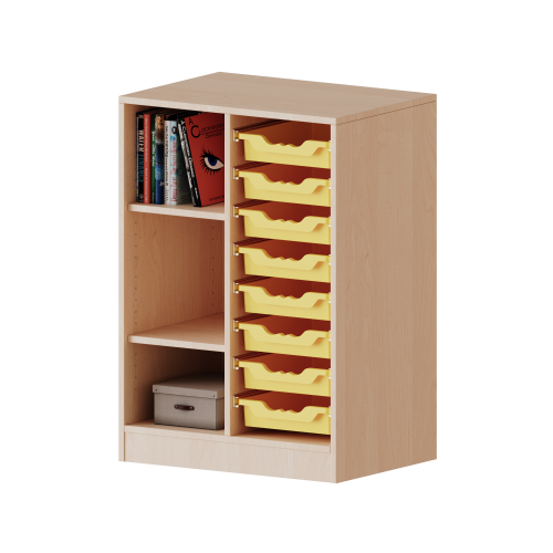 ErgoTray Regal, zweireihig, 2,5 Ordnerhöhen - evo180 Serie B/H/T: 70,3x100x40 cm, mit Möbelstellfüßen, links 3 Fächer, rechts 8 flache ErgoTray Boxen