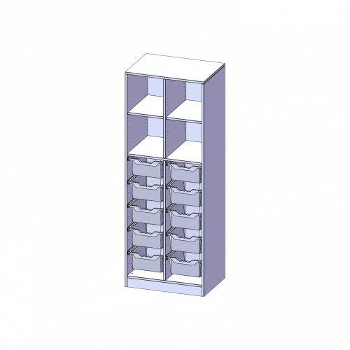 ErgoTray Regal, zweireihig, 5 Ordnerhöhen - evo180 Serie B/H/T: 70,3x190x50 cm, mit Sockel (81 mm) und Mittelwand, unten 10 hohe ErgoTray Boxen, oben 2 Einlegeböden