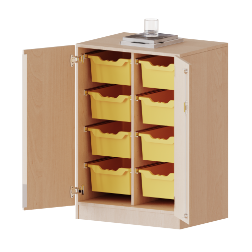 ErgoTray Schrank, zweireihig, 2,5 Ordnerhöhen - evo180 Serie B/H/T: 70,3x100x50 cm, zweitürig, fahrbar, mit 8 hohen ErgoTray Boxen