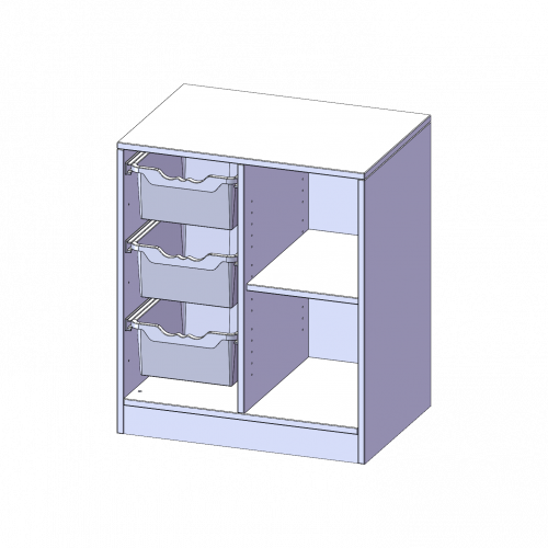 ErgoTray Regal, zweireihig, 2 Ordnerhöhen - evo180 Serie B/H/T: 70,3x82x50 cm, mit Sockel (81 mm), rechts 2 Fächer, links 3 hohe ErgoTray Boxen