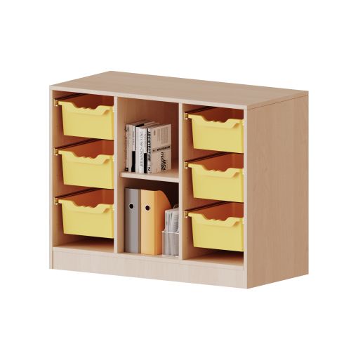 ErgoTray Regal, dreireihig, 2 Ordnerhöhen - evo180 Serie B/H/T: 104,5x82x40 cm, fahrbar, rechts und links je 3 hohe ErgoTray Boxen, 2 Fächer in der Mitte