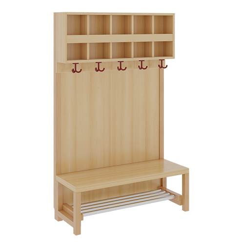 Komplettgarderobe mit doppelter Ablagereihe B/H/T: 100x158x39 cm, 5 Plätze, Sitzhöhe: 34 cm, Stütze mit Paneelrückwand, mit Schuhrost aus Aluminiumrohren