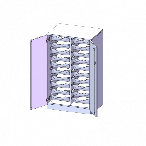 ErgoTray Schrank, zweireihig, 3 Ordnerhöhen - evo180 Serie B/H/T: 70,3x118x50 cm, zweitürig, mit Sockel (81 mm), mit 20 flachen ErgoTray Boxen