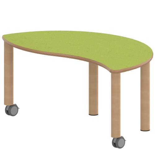 Tisch ZALOTTI mit Linoleum-Belag Halbrund-Wellentisch, B/H/T: 120x25x60 cm, Massivholzbeine Ø 60 mm, Fußvariante: fahrbar