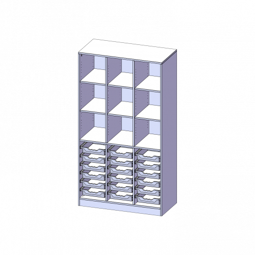 ErgoTray Regal, dreireihig, 5 Ordnerhöhen - evo180 Serie B/H/T: 104,5x190x50 cm, mit Sockel (81 mm) und Mittelwand, unten 18 flache ErgoTray Boxen, oben 6 Einlegeböden