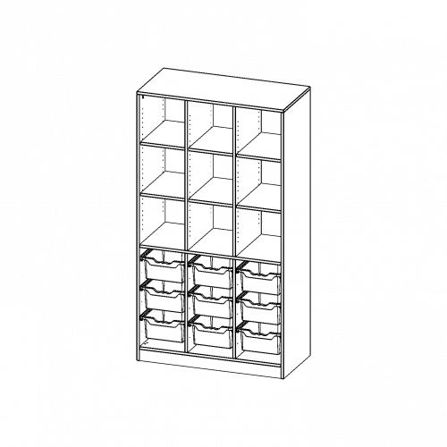 ErgoTray Regal, dreireihig, 5 Ordnerhöhen - evo180 Serie B/H/T: 104,5x190x50 cm, mit Sockel (81 mm) und Mittelwand, unten 9 hohe ErgoTray Boxen, oben 6 Einlegeböden